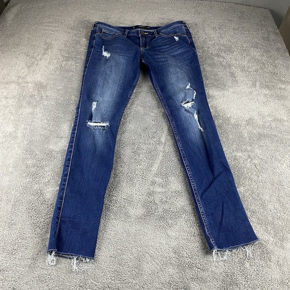 Hollister Crop Jeans Womens 5 w31 Blue Dark Wash Low‎ Rise Distressed Raw Hem